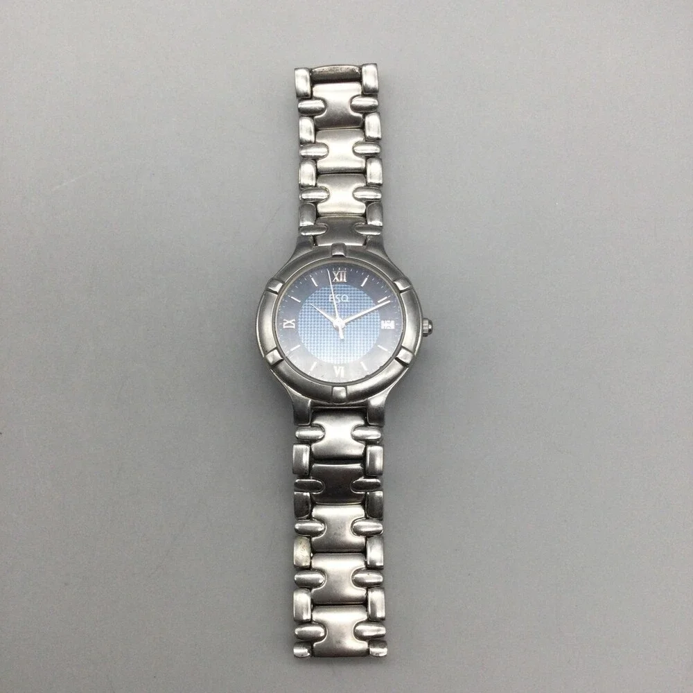 ESQ Movado Swiss Womens Watch 26mm Blue Dial Silver Tone Date New Battery 7.25